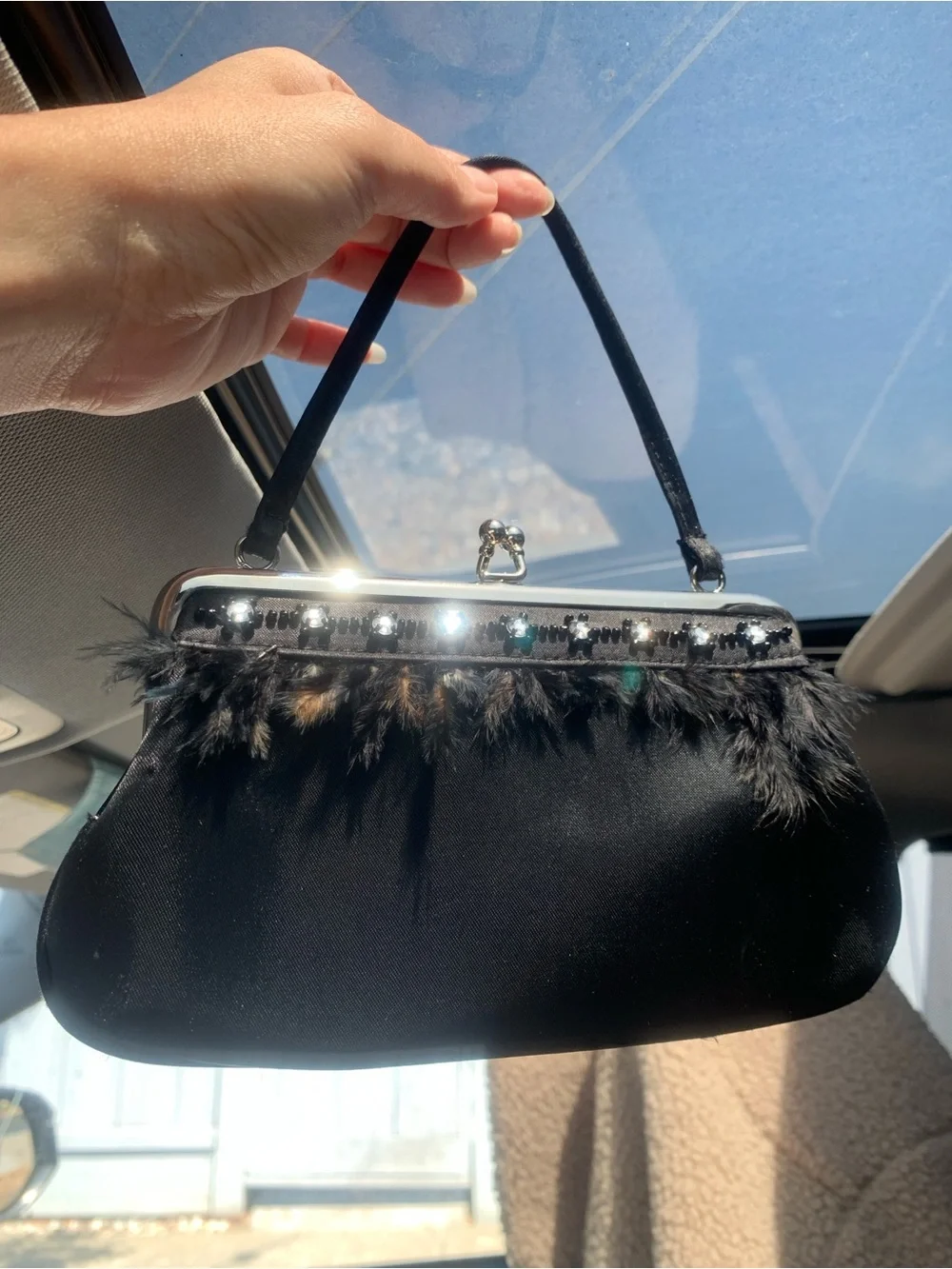 La Regale Kiss Lock Vintage Black Satin Feather Evening Bag